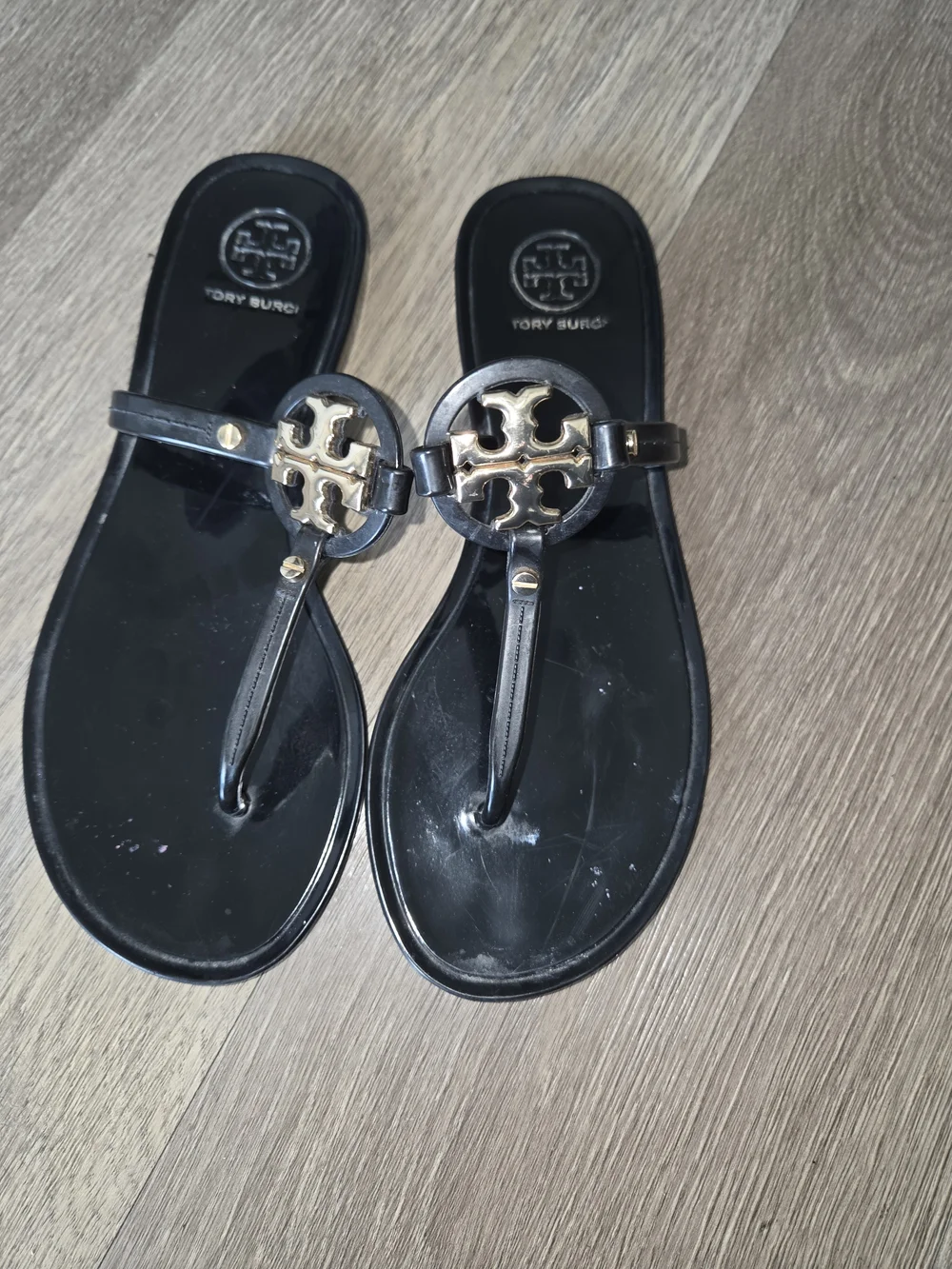 Tory Burch Black Sandal with Gold Logo Medallion
